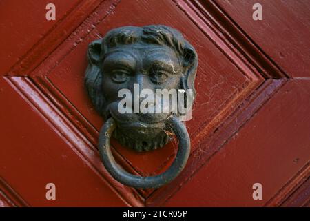 Heurter la porte de tête de lion en métal traditionnel sur une porte en bois rouge, détail, château de Klingenstein, bâtiment historique, architecture, Blautal, Blaustein Banque D'Images