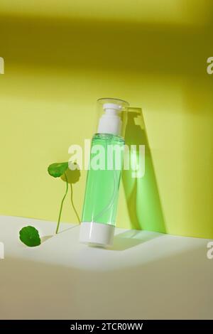 Gros plan d'une bouteille de toner contenant un liquide vert clair avec de l'extrait de pennywort. Le concept de cosmétiques faits maison à partir d'ingrédients naturels - sans danger pour Banque D'Images