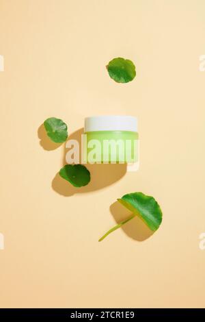 Sur un fond rose, un pot cosmétique vert avec un couvercle blanc est affiché à côté des feuilles fraîches de pennywort. L'extrait de Centella contient des antioxydants. Natur Banque D'Images
