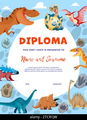 Diplôme pour enfants, personnages de dinosaures de dessins animés et empreintes de pierres fossiles, prix de certificat d'éducation vectorielle. Drôles Jurassique dino lézards et reptiles avec des œufs de dinosaures sur le diplôme d'atelier de maternelle Illustration de Vecteur