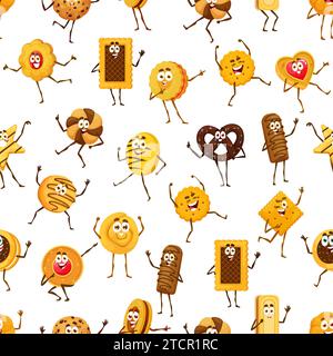 Cookie de dessin animé, motif sans couture de personnages de pâtisserie. Fond de vecteur de personnages de biscuit drôle de dessert sucré. Mignons pépites de chocolat, flocons d'avoine et biscuits sandwich, craquelins et bretzel en toile de fond Illustration de Vecteur