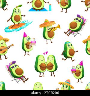 Dessin animé mexicain joyeux caractères d'avocat modèle sans couture, fond vectoriel. Avocat heureux avec gâteau d'anniversaire, en vacances et avec guitare en sombrero mexicain, motif avocat drôle pour enfants Illustration de Vecteur