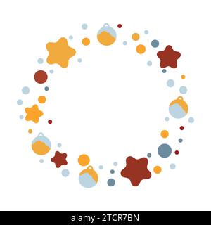 Couronne d'hiver faite de branches de sapin, décorée avec poinsettia et décorations de Noël et boules et étoiles.Design moderne pour carte d'invitation de vacances, Illustration de Vecteur