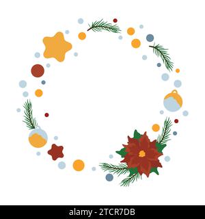 Couronne d'hiver faite de branches de sapin, décorée avec poinsettia et décorations de Noël et boules et étoiles.Design moderne pour carte d'invitation de vacances, Illustration de Vecteur