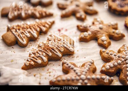 Délicieux biscuits de Noël frais en pain d'épice de différentes formes Banque D'Images