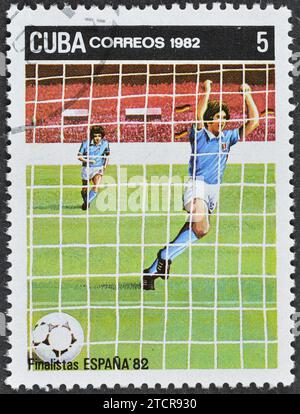 Timbre-poste annulé imprimé par Cuba, qui montre football, coupe du monde de la FIFA. Espagne-1982, vers 1982. Banque D'Images