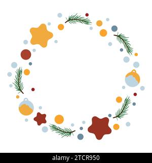 Couronne d'hiver faite de branches de sapin, décorée de décorations de Noël, de boules et d'étoiles. Design moderne pour carte d'invitation de vacances, affiche, bannière, Illustration de Vecteur