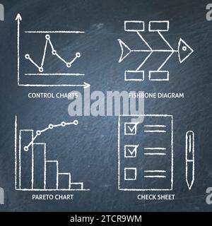 Tableaux de contrôle qualité au tableau. Diagrammes et graphiques d'efficacité et de résolution de problèmes. Illustration vectorielle Illustration de Vecteur