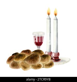 Shabbat challah, deux bougies et illustration d'aquarelle en verre de vin rouge pour la cérémonie de la veille du samedi et la foi juive Banque D'Images