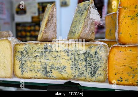 Différents fromages asturiens à base de vache, de chèvre et de mouton melk exposés dans la fromagerie fermiers, Asturies, Espagne du Nord, en gros plan Banque D'Images