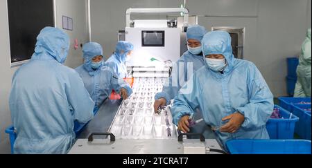 HUAI'AN, CHINE - 14 DÉCEMBRE 2023 - des travailleurs fabriquent des kits de perfusion médicale pour l'exportation dans un atelier de la ville de Huai 'an, province du Jiangsu, Chine, le 14 décembre 20 Banque D'Images