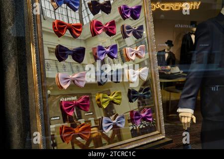 Collection colorée de noeuds papillon haut de gamme exposés en vitrine dans le passage Petrovsky, un centre commercial de luxe à Moscou, en Russie. Banque D'Images