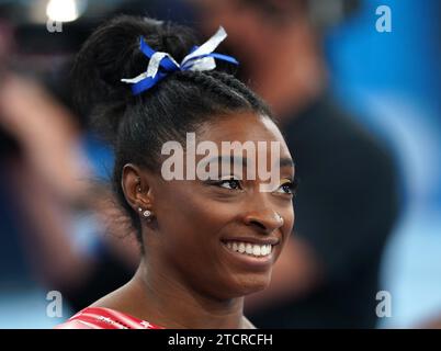 Photo de dossier datée du 03-08-2021 de Simone Biles, devenue la gymnaste la plus décorée de l’histoire après avoir scellé sa 34e médaille en carrière à un championnat olympique ou mondial en remportant le titre mondial à Anvers. Date de parution : jeudi 14 novembre 2023. Banque D'Images