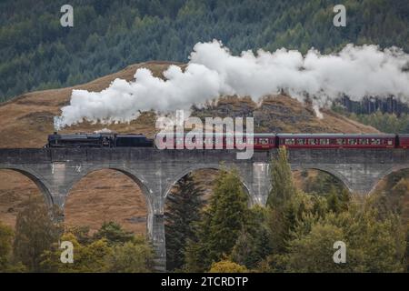 Un train à vapeur traverse le viaduc de Glenfinnan dans les hauts plateaux écossais. Rendu célèbre par Harry Potter comme The Poudlard express. Point de repère et touristique destin Banque D'Images