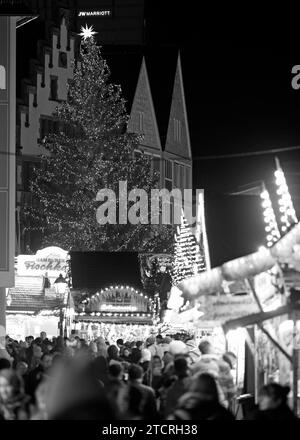 13.12.2023 Frankfurt Impressionen auf dem Frankfurter Weihnachtsmarkt vor dem Römer mit Weihnachtsbaum Sonny - eine Rotfichte aus dem Sauerland - schwarzweiss Aufnahme - Frankfurt main Hessen Deutschland *** 13 12 2023 Frankfurt impressions au marché de Noël de Francfort en face du Römer avec sapin de Noël Sonny une épinette rouge du Sauerland photo noir et blanc Frankfurt main Hessen Allemagne Banque D'Images