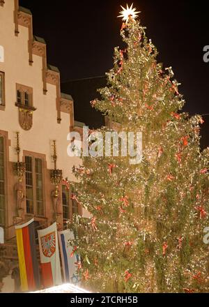 13.12.2023 Frankfurt Impressionen auf dem Frankfurter Weihnachtsmarkt vor dem Römer mit Weihnachtsbaum Sonny - eine Rotfichte aus dem Sauerland und Deutschland Hessen Israel Fahnen Frankfurt main Hessen Deutschland *** 13 12 2023 Frankfurt impressions au marché de Noël de Francfort façade de la Römer avec sapin de Noël Sonny une épinette rouge du Sauerland et de l'Allemagne Hesse Israël drapeaux Francfort main Hesse Allemagne Banque D'Images