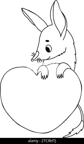 Animal australien bilby avec coeur. Personnage émaillé Valentine. Vecteur linéaire, dessin de contour, livre de coloriage. Collection enfants. Illustration de Vecteur