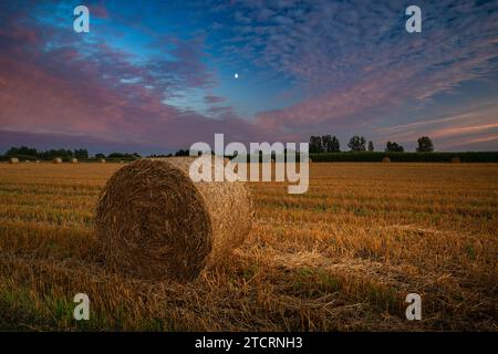 Une grosse balle de foin sur un champ de chaume et un beau coucher de soleil un soir d'août, dans l'est de la Pologne Banque D'Images