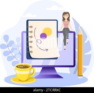Illustration Illustrator. Conception de concept de travail à domicile. Freelance femme travaillant sur ordinateur portable à sa maison, habillé dans des vêtements de maison. Isolé sur blanc Illustration de Vecteur