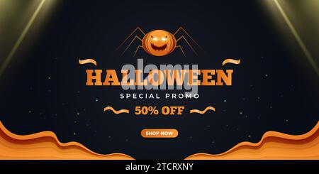 Bannière de promotion de vente Halloween avec des araignées effrayantes et des lumières incandescentes. Bannière publicitaire d'achat en ligne Illustration de Vecteur