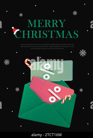 modèle de bannière de cadeau de coupon de noël joyeux 3d avec des coupons sortant d'une enveloppe. Vente spéciale, offre limitée. concept de carte-cadeau de bon mignon 3d. Illustration vectorielle. Illustration vectorielle Illustration de Vecteur