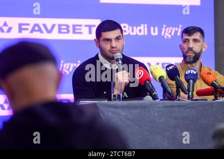 Zagreb, Croatie. 14 décembre 2023. Le boxeur croate Filip Hrgovic et son entraîneur Yousef Hasan annoncent un combat contre Mark de Mori lors d'une conférence de presse à Zagreb, Croatie, le 14 décembre 2023. Photo : Igor Kralj/PIXSELL crédit : Pixsell/Alamy Live News Banque D'Images