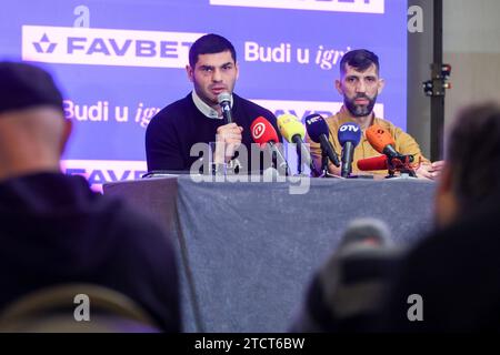 Zagreb, Croatie. 14 décembre 2023. Le boxeur croate Filip Hrgovic et son entraîneur Yousef Hasan annoncent un combat contre Mark de Mori lors d'une conférence de presse à Zagreb, Croatie, le 14 décembre 2023. Photo : Igor Kralj/PIXSELL crédit : Pixsell/Alamy Live News Banque D'Images