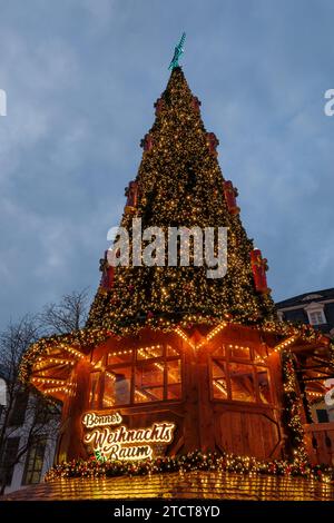 Bonn, Allemagne - 6 décembre 2023 : le sapin de Noël traditionnel de Bonn est illuminé et orné de décorations festives contre un ciel couvert de nuages au crépuscule. Banque D'Images