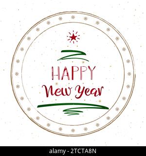 Carte de voeux de bonne année avec lettrage calligraphique manuscrit sur timbre rond en caoutchouc. Arbre de Noël vert coup de stylo et une étoile rouge. Multicolore Illustration de Vecteur
