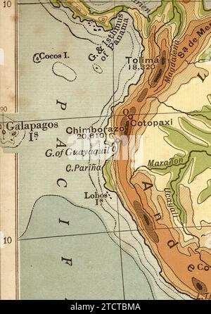 Une carte géographique vintage/antique en sépia de l'Amérique du Sud montrant les Andes et la côte ouest. Banque D'Images