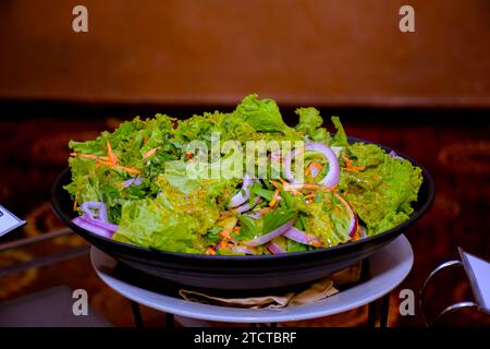 Salade avec radis, tomates et pomme sur une assiette en buffet. Délicieuses salades sur la table du buffet au restaurant Banque D'Images