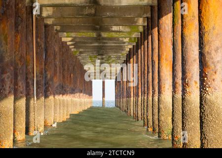 Vue sous Southwold Pier, Southwold, Suffolk, Angleterre, Royaume-Uni. Banque D'Images