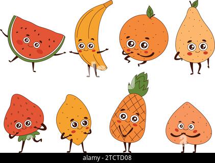 Mignon dessin animé fuit fraise, pastèque, ananas, pêche, orange, ensemble poire, ananas et citron Illustration de Vecteur