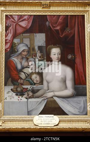 Château de Chantilly, musée Conde, Chantilly, Oise, France. Galerie de peinture. Ecole française de la fin du 16e siècle, Gabrielle d ÛªEstrees en train de prendre un bain Banque D'Images