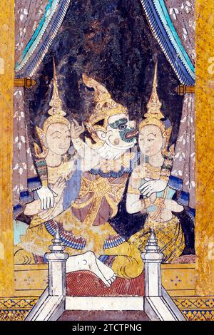 Complexe du palais royal. Peintures murales de scènes de la version khmère (Reamker) de l'épopée indienne classique Ramayana. Phnom Penh ; Cambodge. Banque D'Images