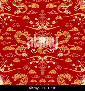 Motif sans couture nouvel an chinois du Dragon en bois. Soleil et nuages. Illustration vintage vectorielle lumineuse, style asiatique. Lanternes en papier, fleur de skaura Illustration de Vecteur