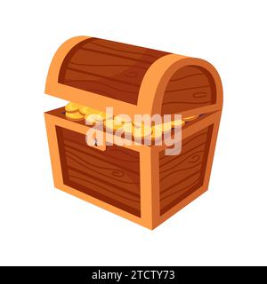 Coffre en bois de dessin animé avec une serrure, des trésors, des piles de pièces d'or et des bijoux. illustration pour le développement de jeu, éléments de conception, jeu de plateau pour enfants Illustration de Vecteur