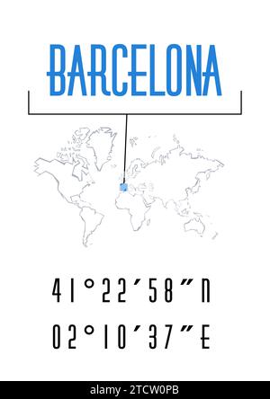 Motif graphique Barcelone affiche ou t-shirt. Coordonnées de la ville et typographie de l'emplacement de la carte du monde. Conception d'affiche minimale créative. Illustration de Vecteur