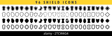 Bouclier icônes grand ensemble avec des contours et des signes linéaires. Collectez les signes ou symboles de sécurité et de protection. Collection d'icônes de boucliers différents. Vecteur illus Illustration de Vecteur