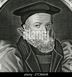 Dr George Abbot (1562-1633), un des traducteurs désignés en anglais de la Bible du roi James de 1611 qui fut consacré archevêque de Cantorbéry, également en 1611. Détail carré de la gravure de Michael Van der Gucht (1660-1725). Banque D'Images