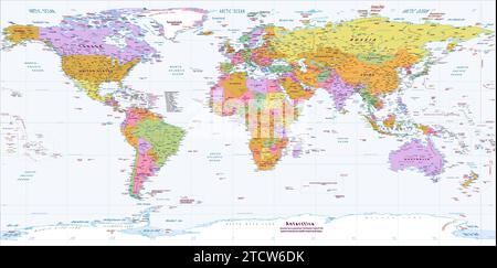 Carte du monde politique de langue anglaise projection équirectangulaire Illustration de Vecteur