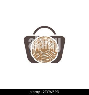 Image vectorielle d'icône en bois Web de panier d'achat. Magasin de détail ou magasin avec sac à provisions et icône en bois à l'intérieur Illustration de Vecteur