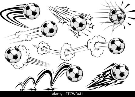 Les ballons de football de Soccers volent à grande vitesse. Vecteur sur fond transparent dans le style comique Illustration de Vecteur