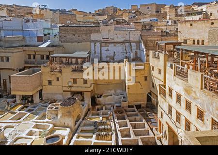 Sidi Moussa Tannerie avec des récipients en pierre ronde remplis de colorants et de liquides adoucissants dans la médina Fes el-Bali de la ville Fès / Fès, Fès-Meknès, Maroc Banque D'Images