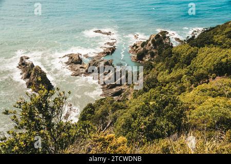 Plage d'Ohope en Nouvelle-Zélande montrant des plages, différentes formations rocheuses, la flore et la faune. Banque D'Images