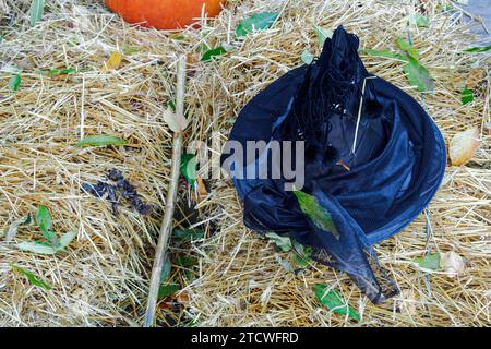 Vue de dessus de Halloween concept chapeau de sorcière pointu conique reposant sur la paille. Banque D'Images