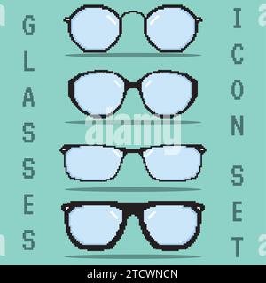 Icônes de lunettes de vue colorées pixelisées Set Vector Illustration de Vecteur