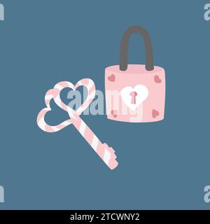 Clé rose et serrure avec des coeurs sur fond bleu. Illustration de Vecteur