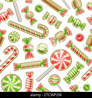 Vector Christmas Candy Seamless motif, arrière-plan décoratif de répétition avec illustration de cannes de bonbons de noël et de collations dans le paquet de papier d'aluminium, po carré Illustration de Vecteur