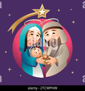 Sainte famille, scène de la Nativité avec José, Marie et bébé Jésus. Illustration vectorielle. Sainte famille, étoile de Bethléem, manger, Noël, Illustration de Vecteur